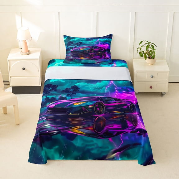 Manfei Speed Car Twin Sheets,Stormy Sky Bedding,Purple,3-Piece,1 Fitted Sheet and 1 Pillowcase
