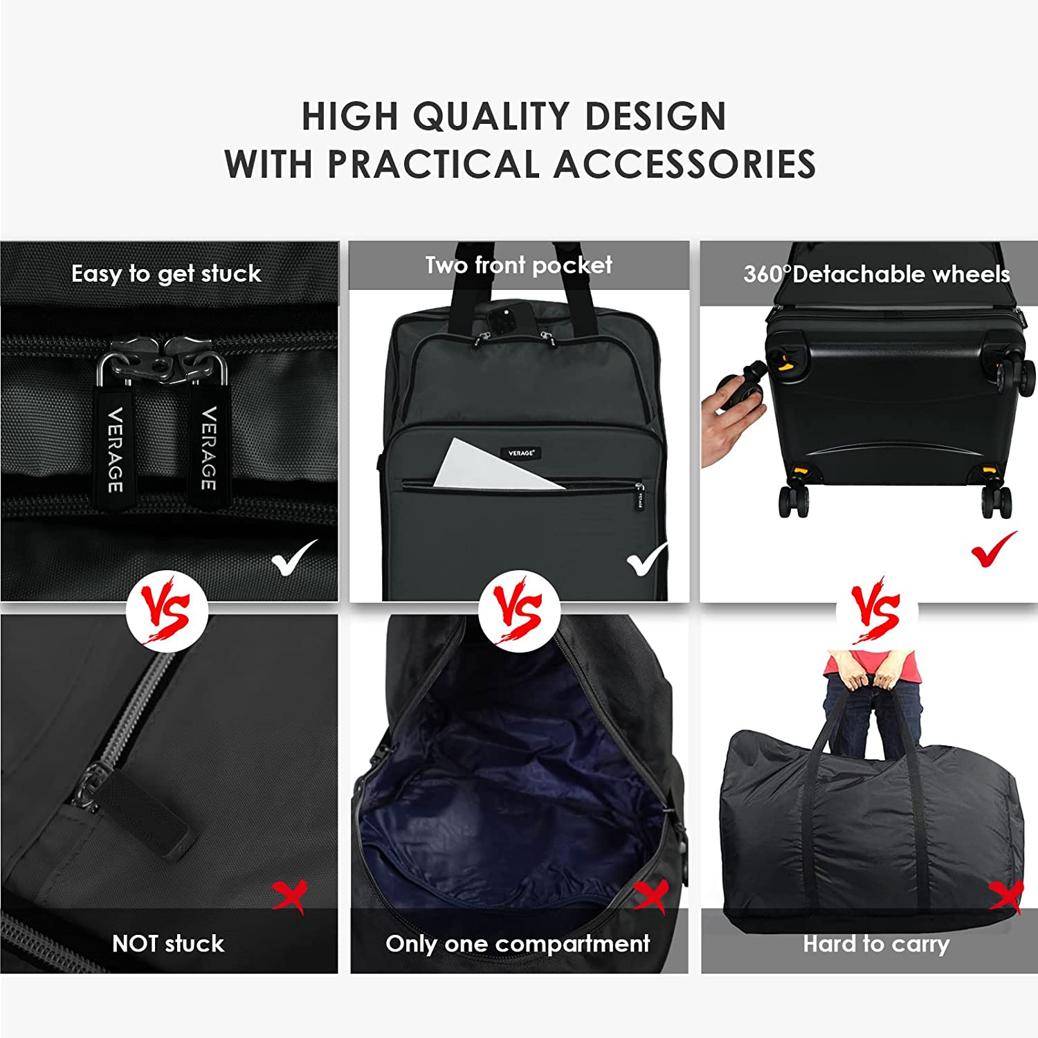 Verage Expandable Foldable Luggage Collapsible Rolling Travel Duffel Bag Lightweight Suitcase with Detachable Spinner Wheels(Black, 24 Inch Expands into 28 Inch)