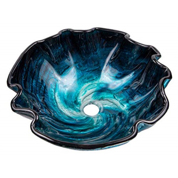 Eden Bath Carribean Wave Rim Round Glass Bathroom Vessel Sink With Hand Painted Blue Exterior Com Eden Bath Carribean Wave Rim Round, Round Glass Vessel Sinks