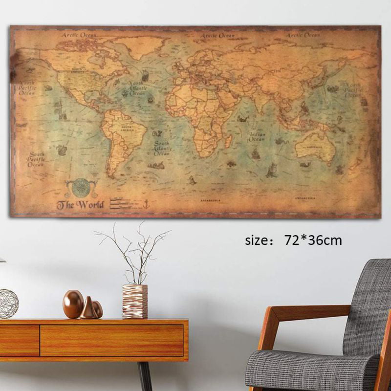 Large World Map Retro Nautical Old Paper Vintage Painting Wall Poster Decor Home