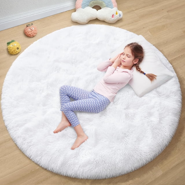 EVOIONOS White Round Hexagon Area Rug, 4x4 Feet, Soft Plush, Non-Slip, Comforts, Washable