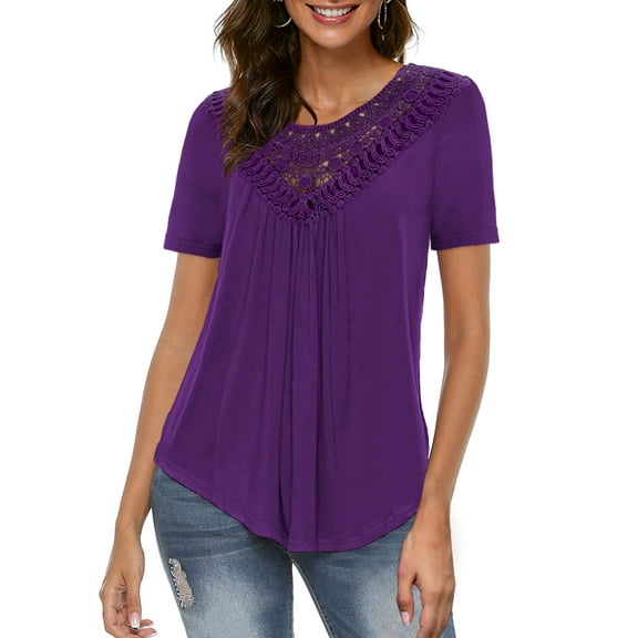 GingDin Women's Plus Size Summer Tops Short Sleeve Lace Pleated Blouses Tunic Tops m-4xl