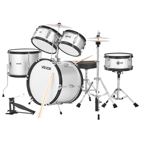 VEVOR Kids Drum Set,5-Piece 16 in Junior Drum Sets, Beginner Drums Set with Adjustable Throne, Cymbal & Two Pairs of Drumsticks, Musical Learning Drums Kit,(Silver)