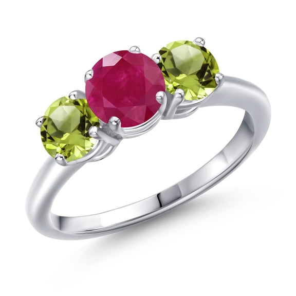 Gem Stone King 925 Sterling Silver Red Ruby and Green Peridot Engagement Ring for Women | 2.10 Cttw | Round 6MM | Gemstone July Birthstone | Size 9