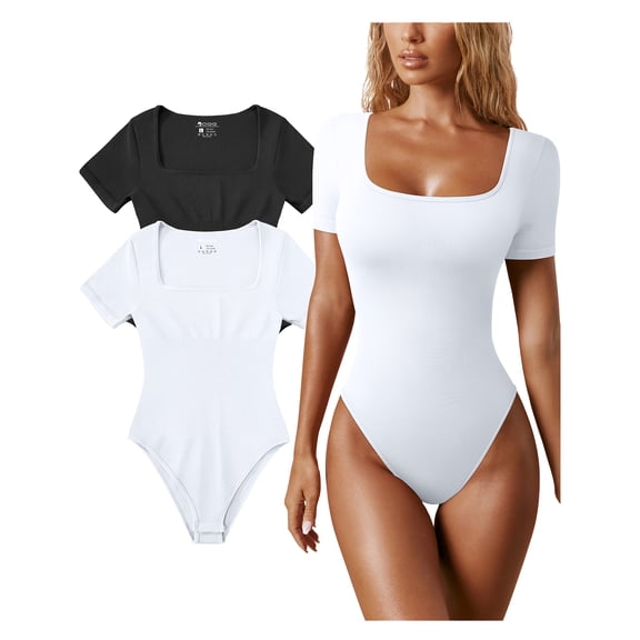 OQQ Women's 2 Piece Bodysuits Sexy Ribbed One Piece Square Neck Short Sleeve Bodysuits