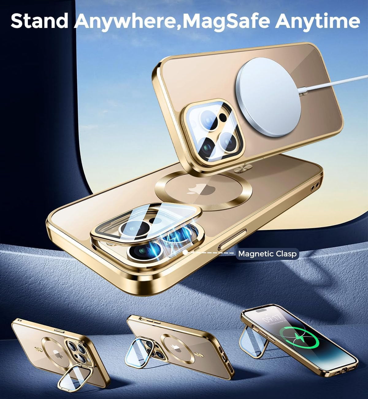 JETeacka Magnetic for iPhone 14 Pro Case with Camera Kickstand Lens Protection Compatible with MagSafe Shockproof Electroplated Bumper, Luxury Gold