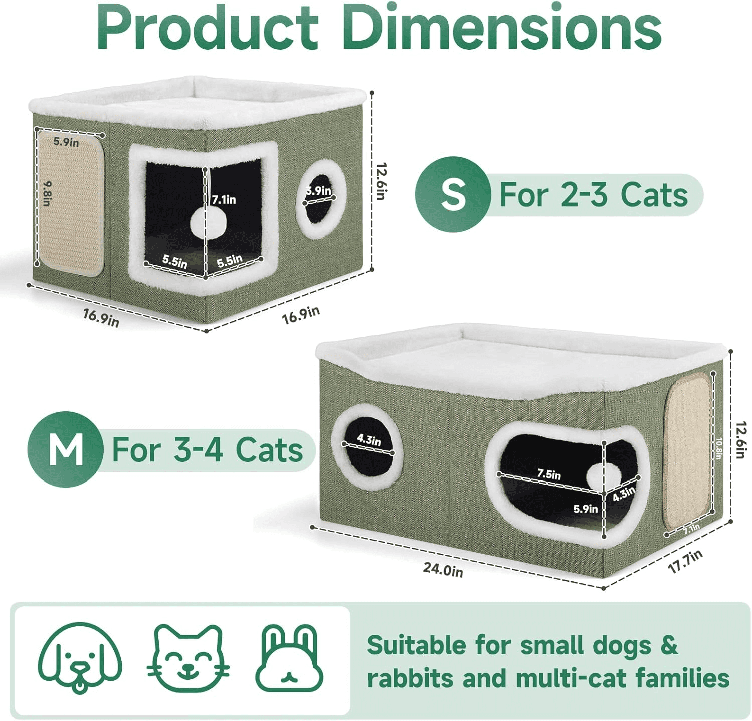 Cat Beds for Indoor Cats, Extra Wide Large Cat House for Pet Cat Cave with Scratch Pad and Fluffy Hanging Ball,Foldable Cat Cube Hideaway,Green