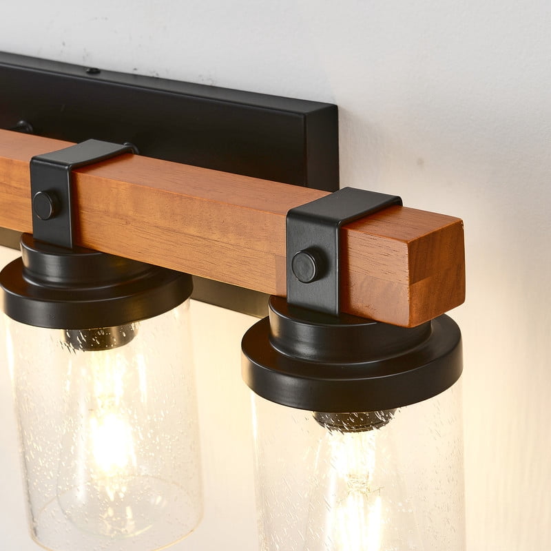 TICOZE 4-Light Matte Black and Wooden Wall Lamps with Glass Shade Vanity Lighting Fixtures for Dining Room Hallway Bedroom (Bulbs Not Included)