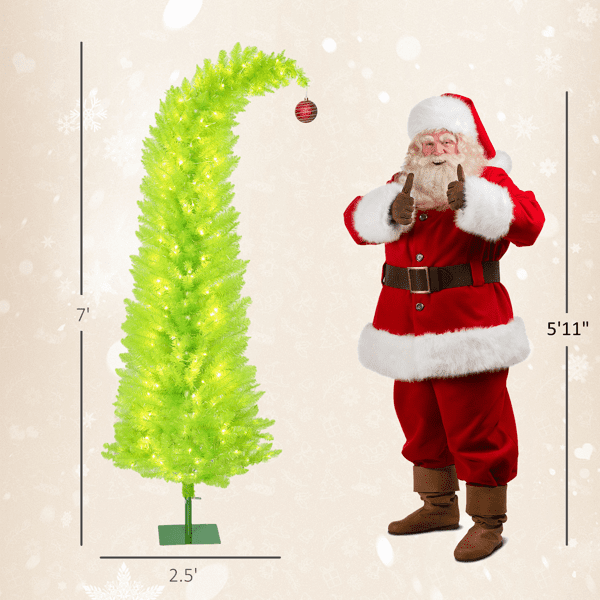 7FT Whimsical Pencil Christmas Tree, Pre-Lit with 250 Warm White LEDs, 628 Branch Tips, Metal Base for Small Spaces or Apartments