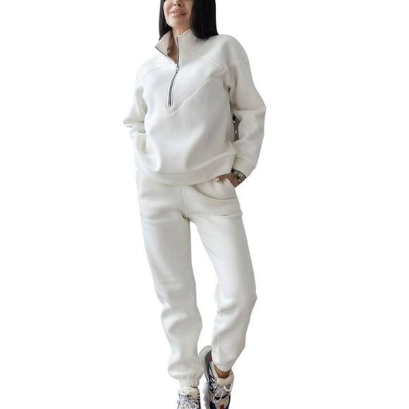 Avamo Women Two Piece Outfit Solid Lounge Sets Beam Foot Tracksuit Set Warm Sweatpants Outdoor Activewear White 2XL