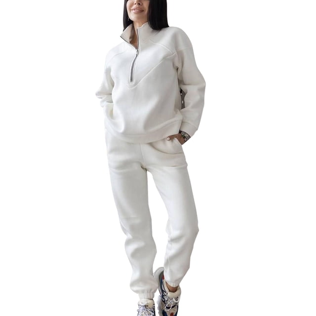 Innerwin Tracksuit Set Long Sleeve Womens Lounge Sets Exercise Solid Warm Two Piece Outfit White M