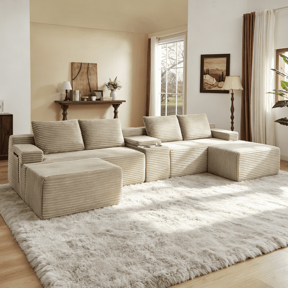 Gewnee 140.6" U‑Shaped Cloud Modular Sectional Sofa, Fluffy Corduroy Deep Seat Couch With Double Chaise Lounge, Storage Central Console & Cup Holders, For Living Room,Beige