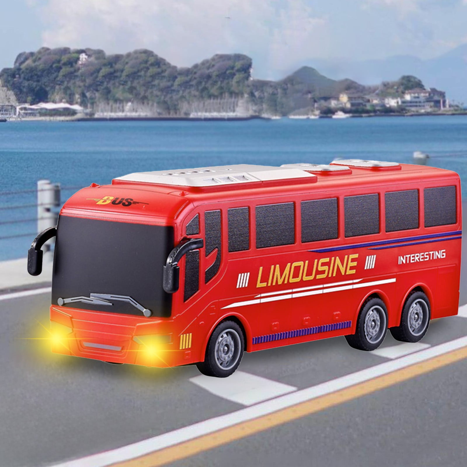 SPOORYYO Remote Control Bus Toy Car, 1:30 Scale Simulation Model with LED Lights, Four Way Driving, User Friendly Remote Controller