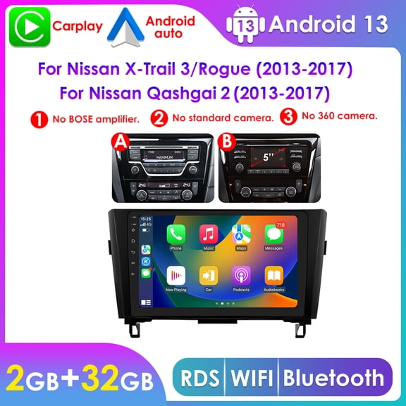 Hizpo 32GB Android 13 Bluetooth Apple CarPlay Wifi RDS 10.1" Touch Screen Car Stereo Radio Head Unit Multimedia GPS Navigation Player For Nissan X-Trail 3/ Rogue/ Qashqai 2 2013 2014 2015 2016 2017