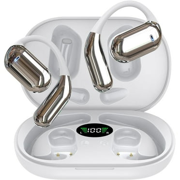 Open Ear Bluetooth 5.4 Headphones, Wireless Earbuds Sport Over Earphones Built-in Mic with Ear Hooks 50H Playtime Ear Buds LED Display Charging Case white