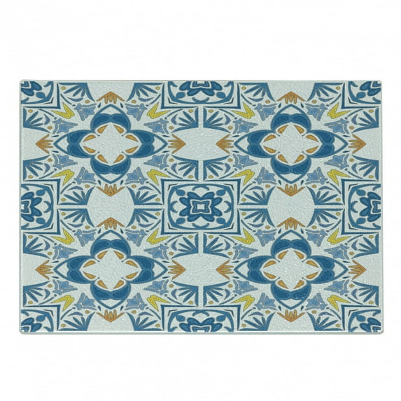 Ethnic Cutting Board, Tunisian Mosaic with Azulojo Spanish Influence Retro Inspired Art, Decorative Tempered Glass Cutting and Serving Board, Small Size, Blue, by Ambesonne