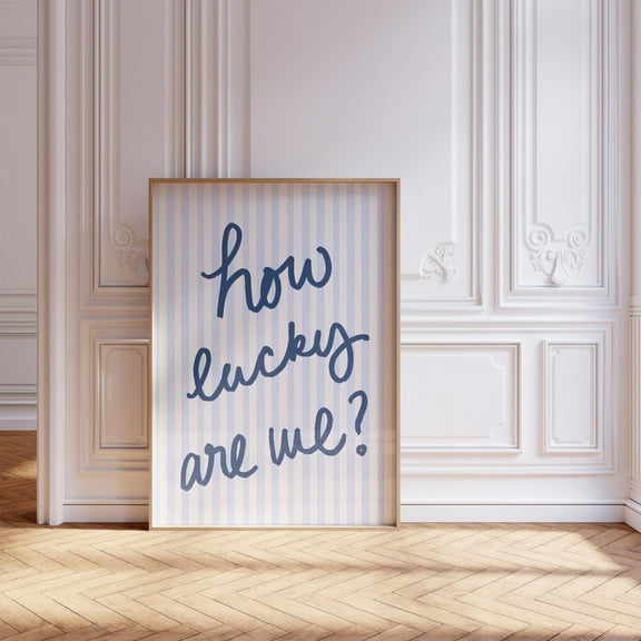 How Lucky Are We Print, Navy Blue Typography Art, Coastal Stripe Wall Decor, Inspirational Quote Poster, Preppy Room Wall Art, Modern Wall Decor, 8x12 UNFRAMED