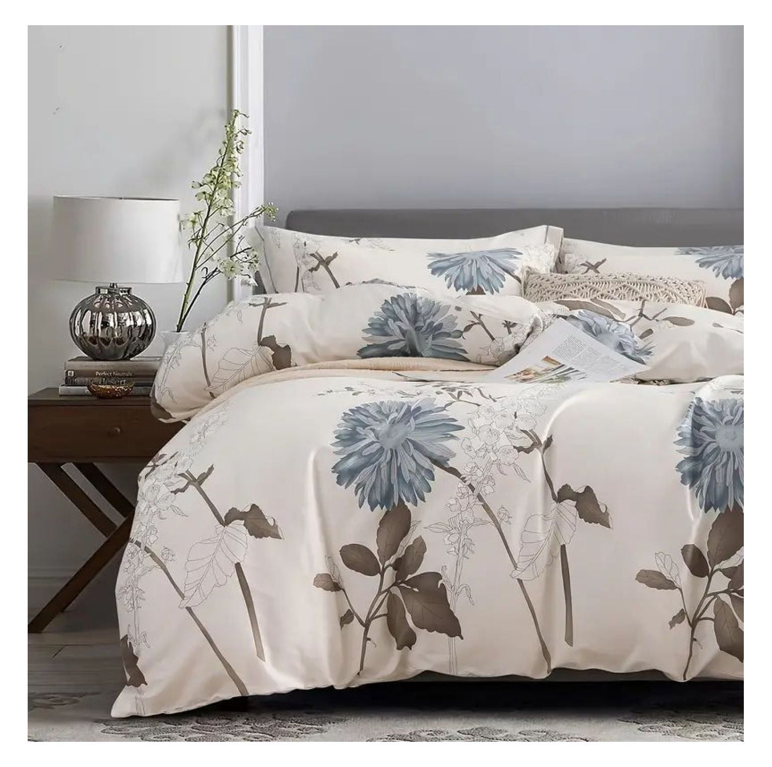 Floral Duvet Cover Queen Size - Big Flower Pattern Comforter Cover Set - 100% Cotton Queen Duvet Cover - Shabby Chic Bedding for Women Girls - Soft Breathable Bed Cover