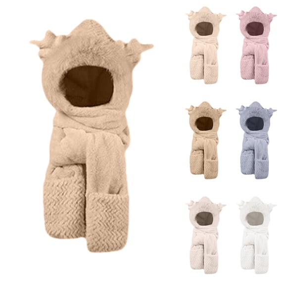 Gymayou Women 3-in-1 Hooded Scarf Hat With Mitten Pockets Warm Neck Wrap Integrated Hat Scarf Gloves Combo