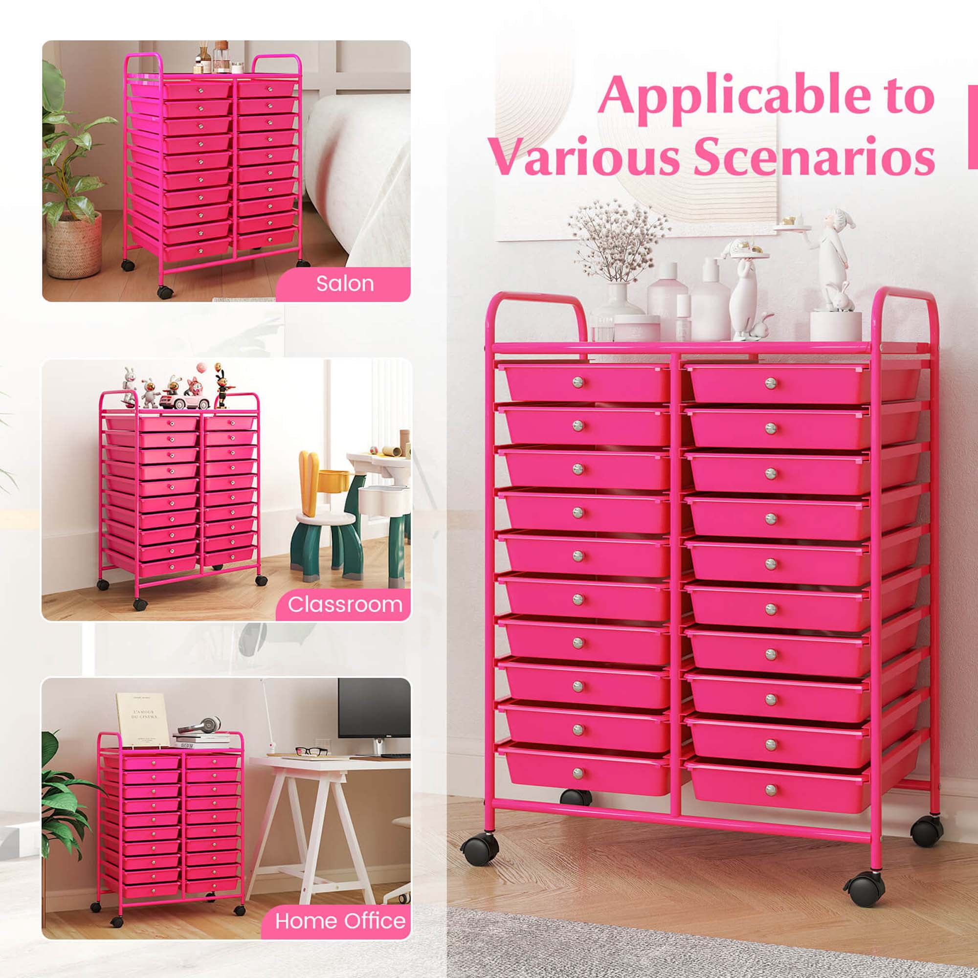 Costway 20 Drawers Rolling Storage Cart Art Craft Organizer on Wheels Multipurpose Hot Pink