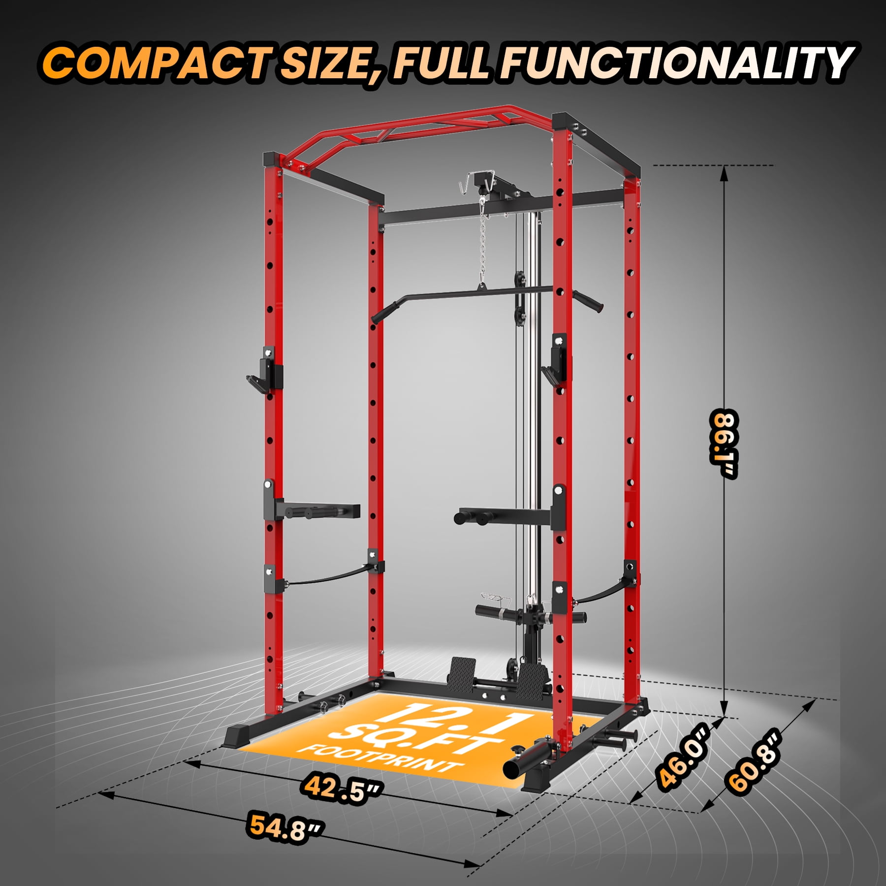 Power Cage with LAT Pulldown, 1600LBS Multi-Functional Home Gym Squat Rack with Cable Pulley System, Dip Bars & Landmine Attachment