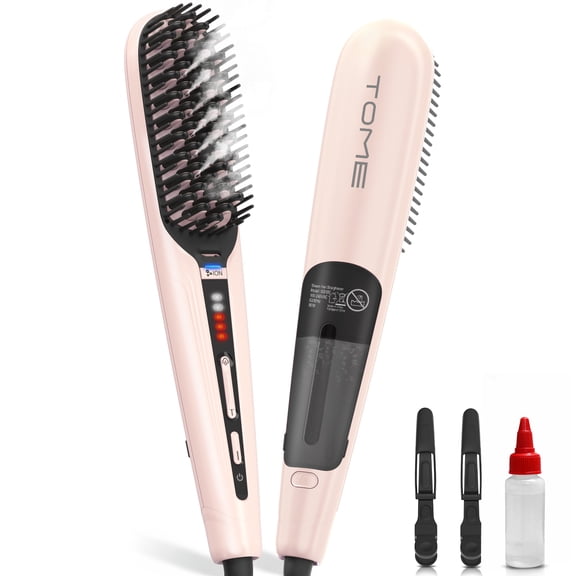 TOME Steam Hair Straightener Brush, Ionic Anti-Frizz Straightening Comb, Pink