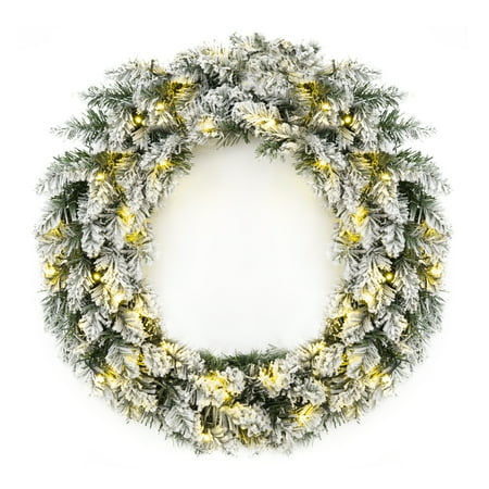 Wreaths For Sale Online Best Choice Products 24in Pre-Lit Indoor Cordless Artificial Snow Flocked Christmas Pine Wreath for Festive Home, Party Decor w/ Hidden Battery Box, 50 White LED Lights, 6-Hour Timer - Green/White ()
