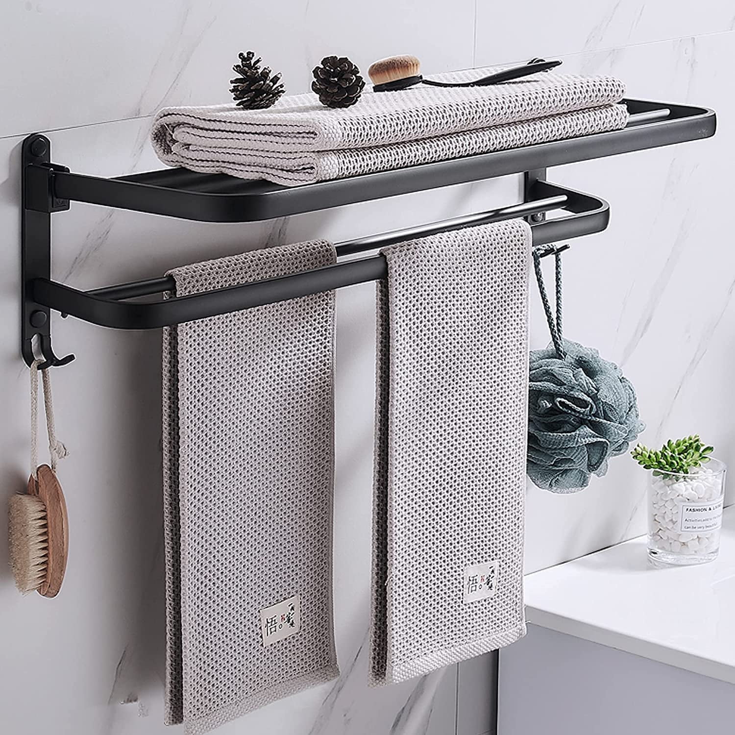 Kings Brand Furniture 1419 Metal Free Towel Rack Stand with Shelf Pewter 