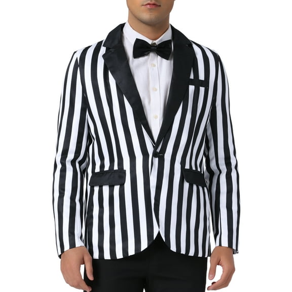 INSPIRE CHIC Striped Blazer for Men's Single Breasted Contrast Color Business Suit Jacket M Black White