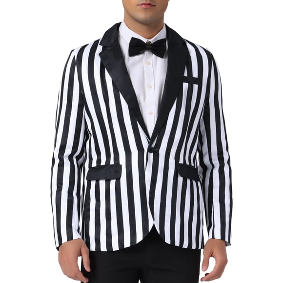 Blazer a rayas INSPIRE CHIC para el Día del Padre para hombres, chaqueta de traje de color contrastante de un solo botón, 2XL, negro y blanco