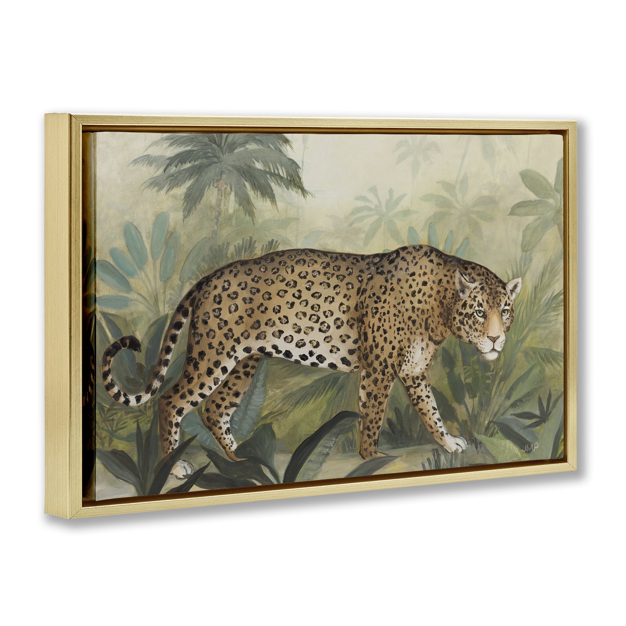 Stupell Industries Prowling Leopard in Forest Landscape Painting Gold Floater Framed Canvas Art Print Wall Art, 25 x 17