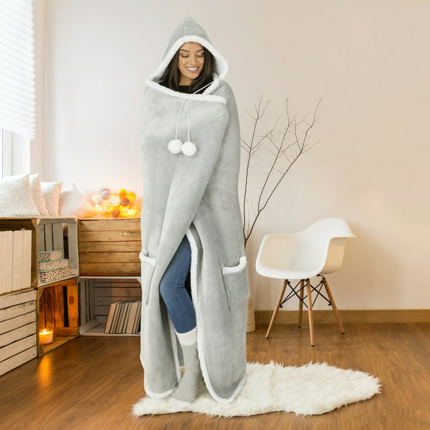 Hooded Blanket Throw Wearable Cuddle Solid Flannel - Grey - Walmart.com