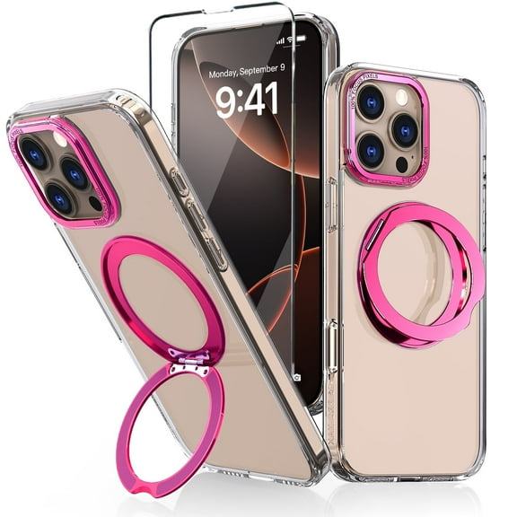 WATEFULL for iPhone 16 Pro Clear MagSafe Case with 360°Rotatable Magnetic Stand Ring [Mil-Grade Protect] Scratch Resist Anti Yellow Slim Women Case 1 Screen Protector for iPhone 16 Pro 6.3"(Hot Pink)