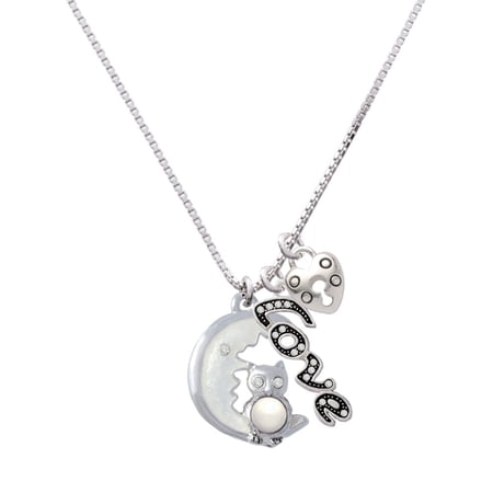 Delight Jewelry Silvertone Large Imitation Pearl Owl Sitting on White Moon – Love and Lock Charm Necklace 18 +1