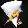 thumbnail image 1 of Bolsa de dulces, bolsa de plástico de cono transparente de 100 piezas con 100 lazos giratorios, embalaje de celofán para dulces, galletas, regalos de fiesta, 18*37 cm, 1 of 4