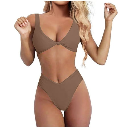 JIANJIA Swim Suits for Women Summer Solid Color Strappy V Neck Knot Front Push Up Bra And Panty Set Two Piece Tankinis Swimwears Holiday Wear Brown L