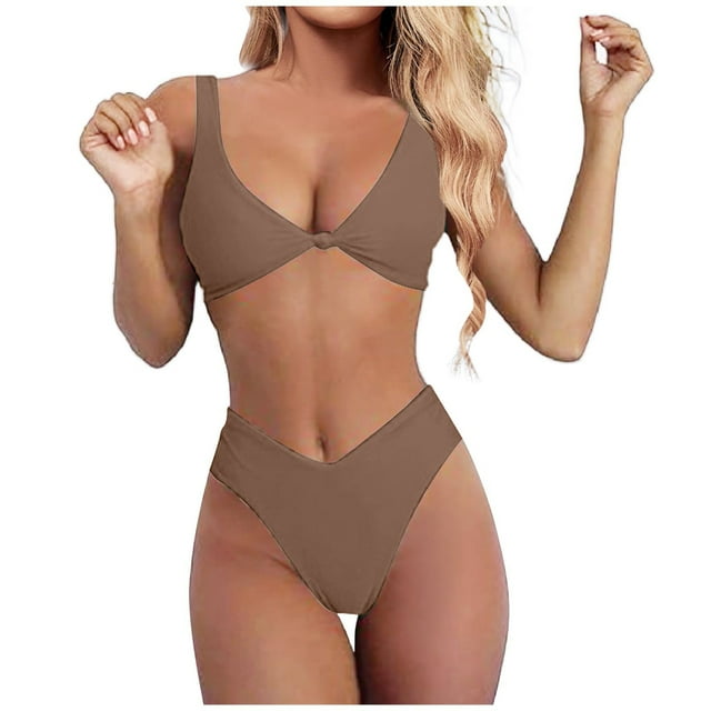 Kcodviy Bikini Set for Women Plus Size Swim Shorts for Women Solid V Neck Knot Racing Swimsuit Women Plus Front Push Up High Plus Size Swim for Women Leg Thong Two Piece Plus Swimsuits Swimsuit