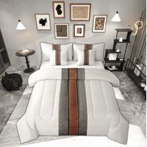 Manfei Geometric Striped Adult Bedding Comforter Set 7pcs, Modern Fashion Abstract Queen Bedding Sets, Chic Minimalst Queen Sheet Sets, Microfiber Bedroom Decor