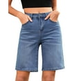 thumbnail image 3 of Audhol Denim Shorts Women Women High Waisted Classic Casual Long Jean Shorts Stretchy Denim Jorts with Pockets Jean Shorts Womens Blue L, 3 of 6
