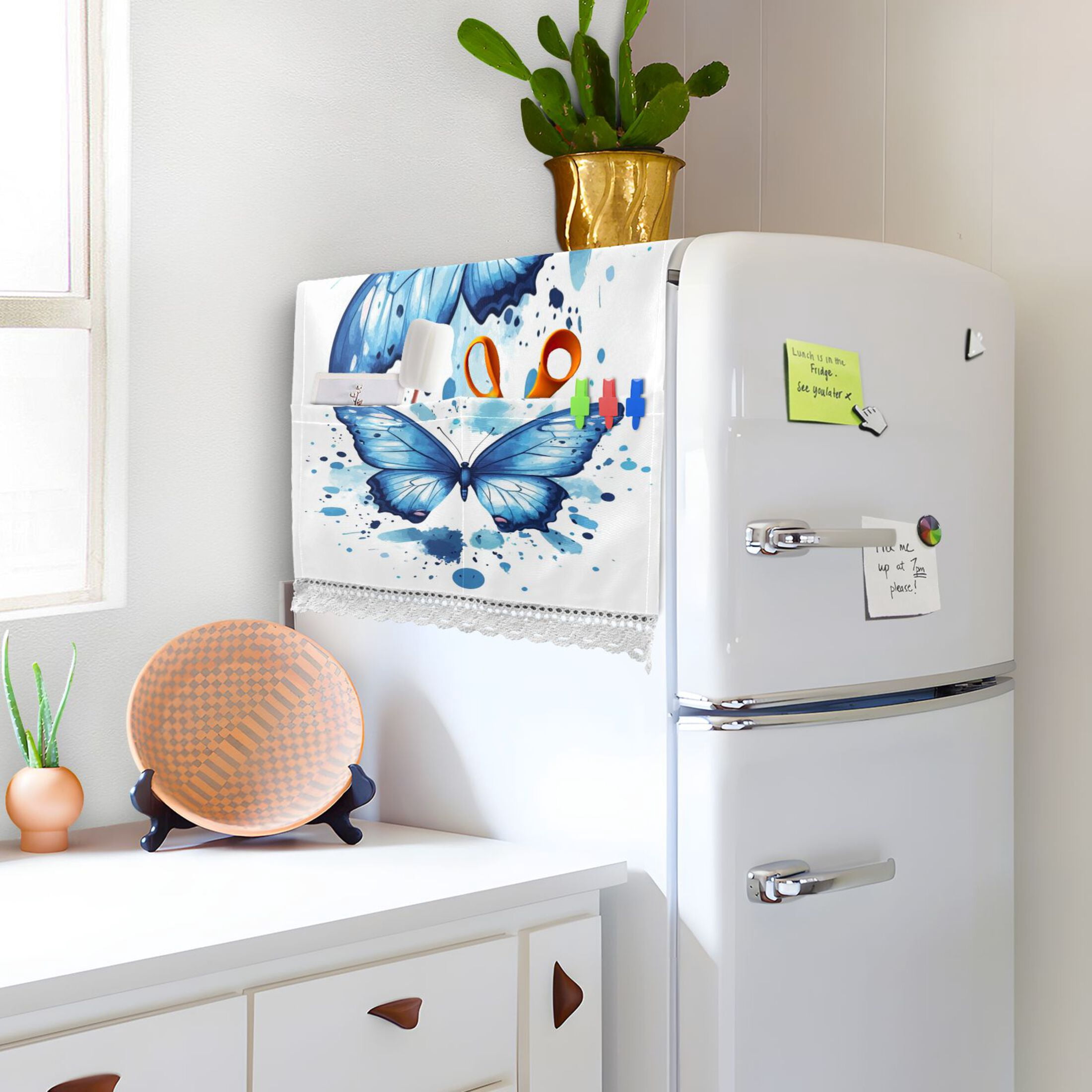 Blue ButterflyWasher and Dryer Covers Dust-Proof and Oil Resistant Fridge Cover with 4 Storage Pockets Washing Machine Top Cover for Laundry Kitchen Home 51.2 x 22 In
