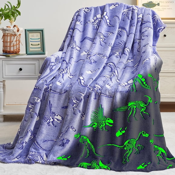 Manta inhand con diseño de dinosaurio que brilla en la oscuridad, suave, 127 x 152 cm, color azul