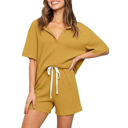 

Womens Ribbed Knit Casual Outfit Short Lounge Set and Casual Pajamas Set V Neck Short Sleepwear Loungewear Nightwear Home Wear