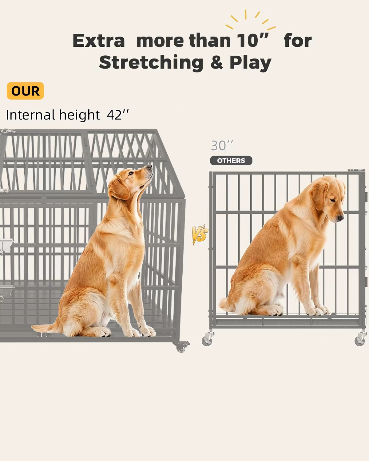 58 inch Heavy Duty Indestructible Dog Crate, Escape Proof Dog Cage Kennel with Lockable Wheels, High Anxiety Double Door, Extra Large Crate Indoor for Large Dog with Removable Tray