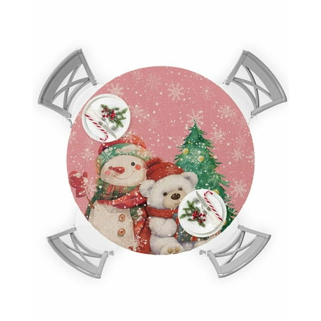 

Round Tablecloth with Elastic Christmas Bear Snowman Gifts Xmas Tree Pink Retro Linen Waterproof Table Cover Wipeable Fitted Table Cloths for 45 -54 Round Tables Dining Kitchen Indoor Outdoor Use