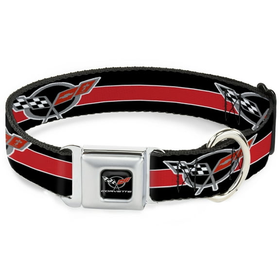 GM General Motors Pet Collar, Dog Collar Metal Seatbelt Buckle, Corvette C5 Logo Stripe Black White Red Gray Repeat, 9.5 to 13 Inches 1.0 Inch Wide