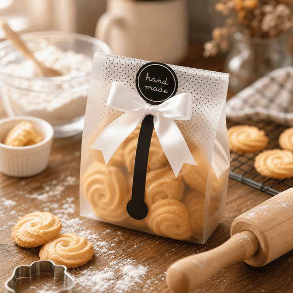 30 Cookie Bags for Packaging, Translucent Plastic Cellophane Pastry Treat Bags, Ideal for Packaging Bread, Candy, Chocolate, or Party Favors at Bakeries. Includes 30 Stickers (14cm × 23cm × 1cm)