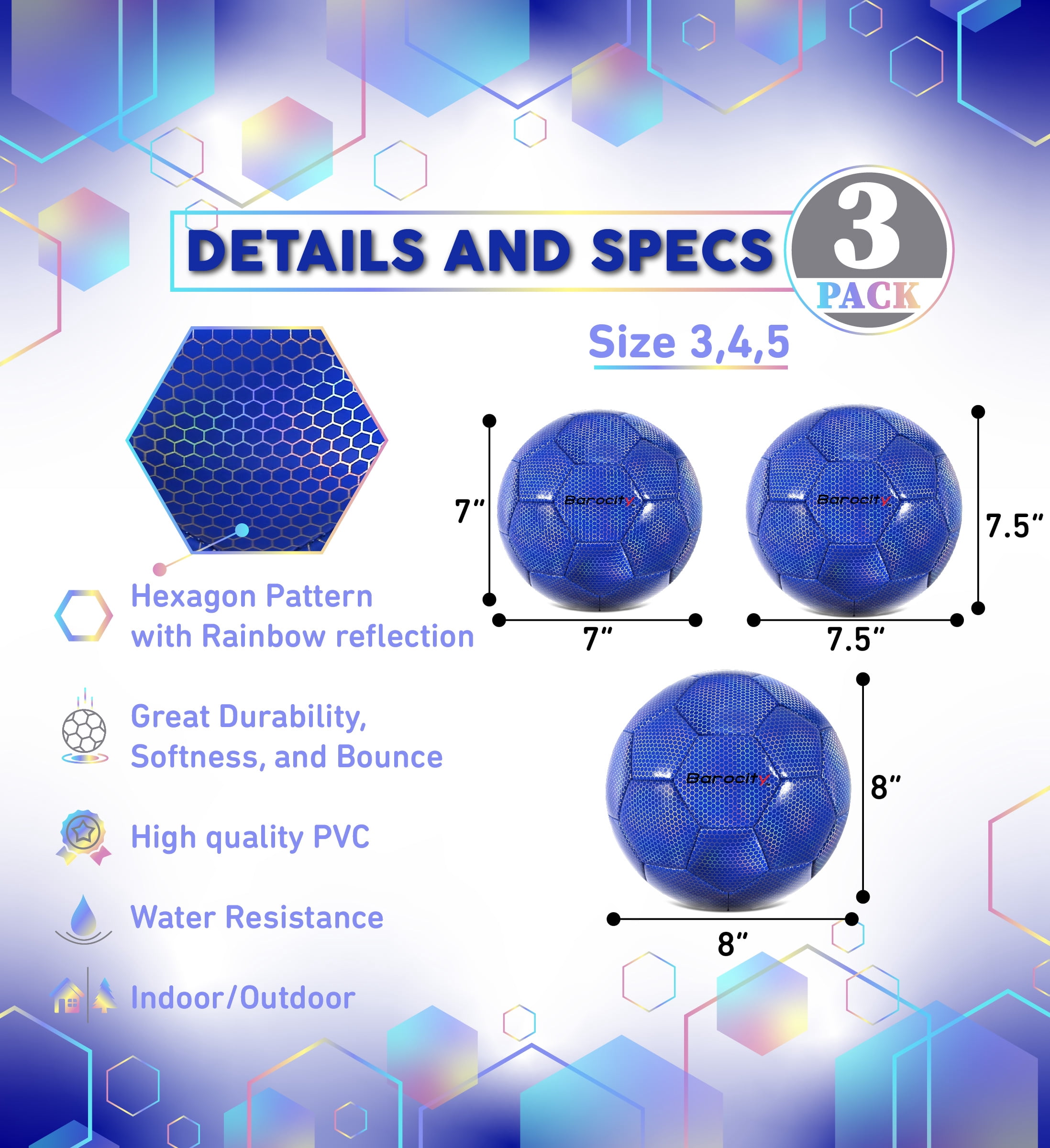 Barocity Iridescent Soccer Balls Set of 3 - Mixed Sizes Blue Official Match Balls with Reflective Hex Pattern, Sport Soccer Balls for Indoor and Outdoor Training and Practice Games- Sizes 3, 4, and 5