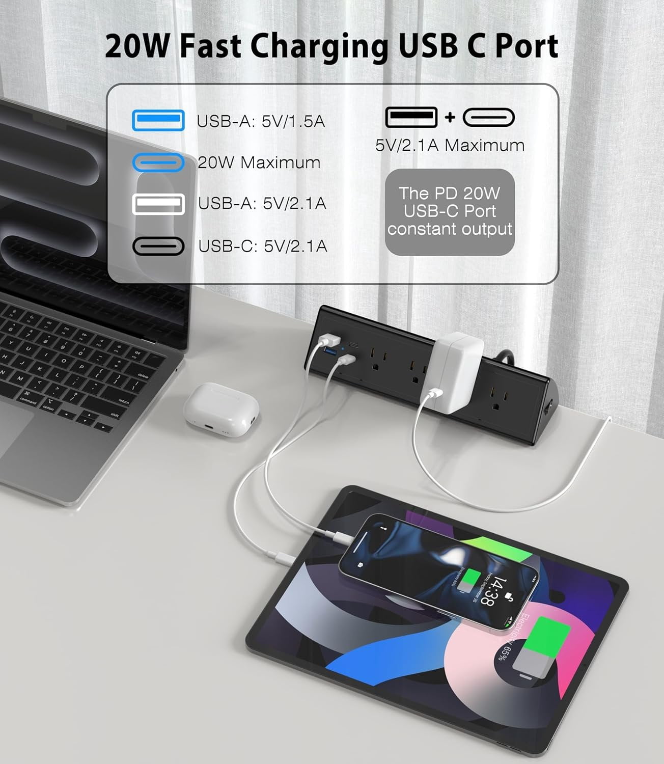 Desk Clamp Power Strip,20W   Station,Surge Protector Nightstand Edge Mount,1875W Extension Cord with Multiple Outlets,2 USB-C,2 USB-A,for  Office (Black, 2 count-6 FT)