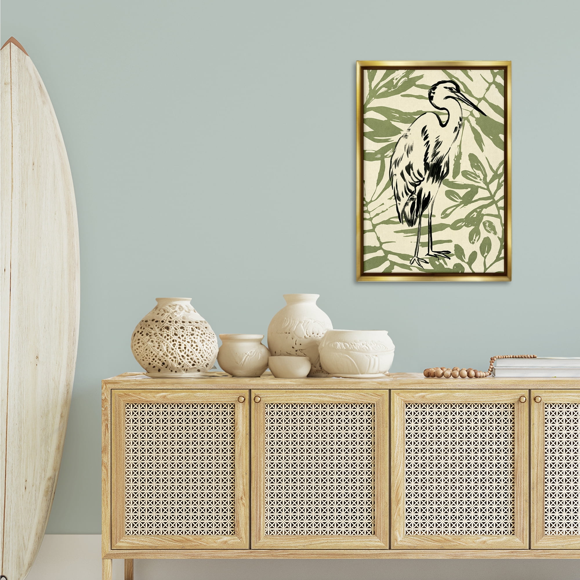 Stupell Industries Heron & Leaf Pattern Animals & Insects Painting Gold Floater Framed Canvas Art Print Wall Art, 21 x 31