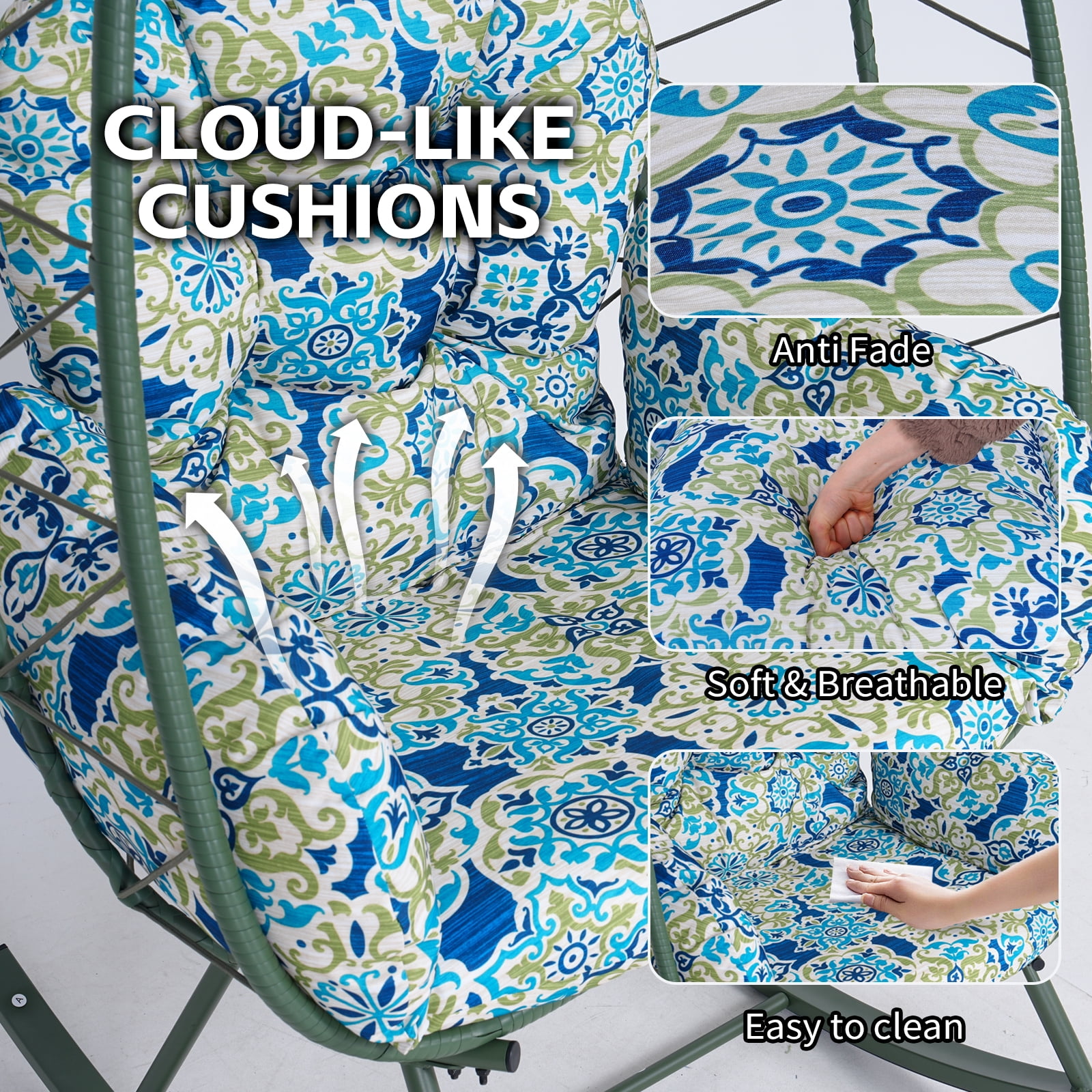 Foldable Wicker Egg Rocking Chair, 330LBS Capacity Cocoon Lounge Chair with Thick Cushion & Pillow, Weather Resistant Rattan Single Rocker for Patio Balcony Bedroom Living Room